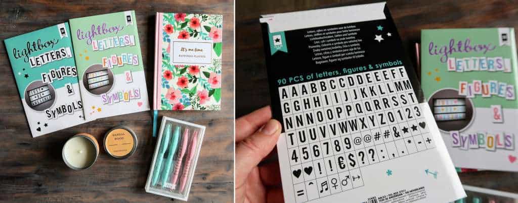 Collage Action shoplog geurkaars balpennen notitieboekje notebook lightbox letters zwart wit kleur - Mama's Meisje blog