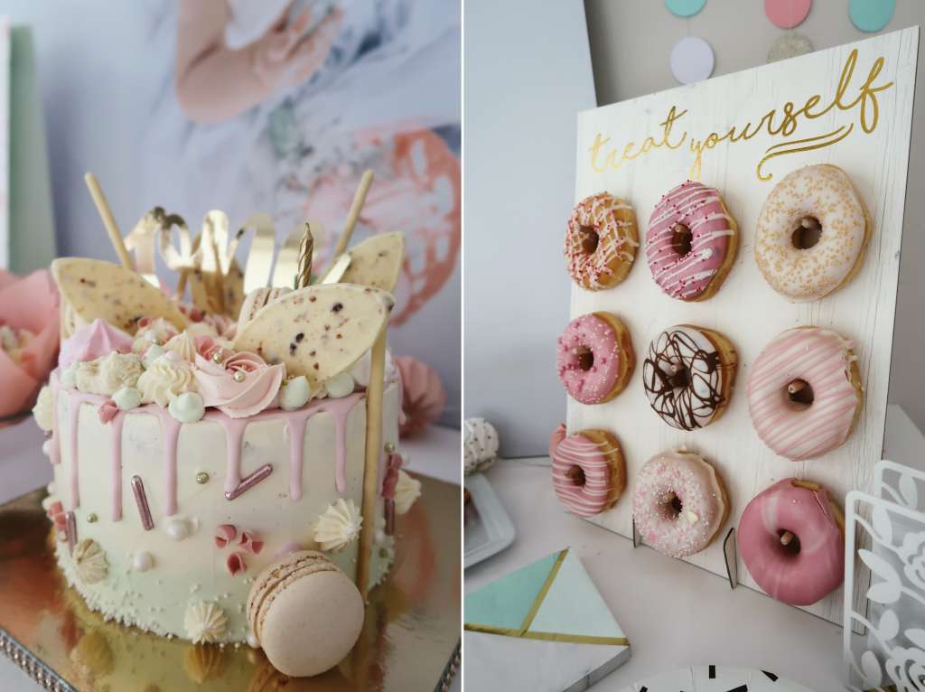 collage drip cake donutwall sweet table pinterest voorbeeld idee macarons roze mintgroen - Mama's Meisje blog
