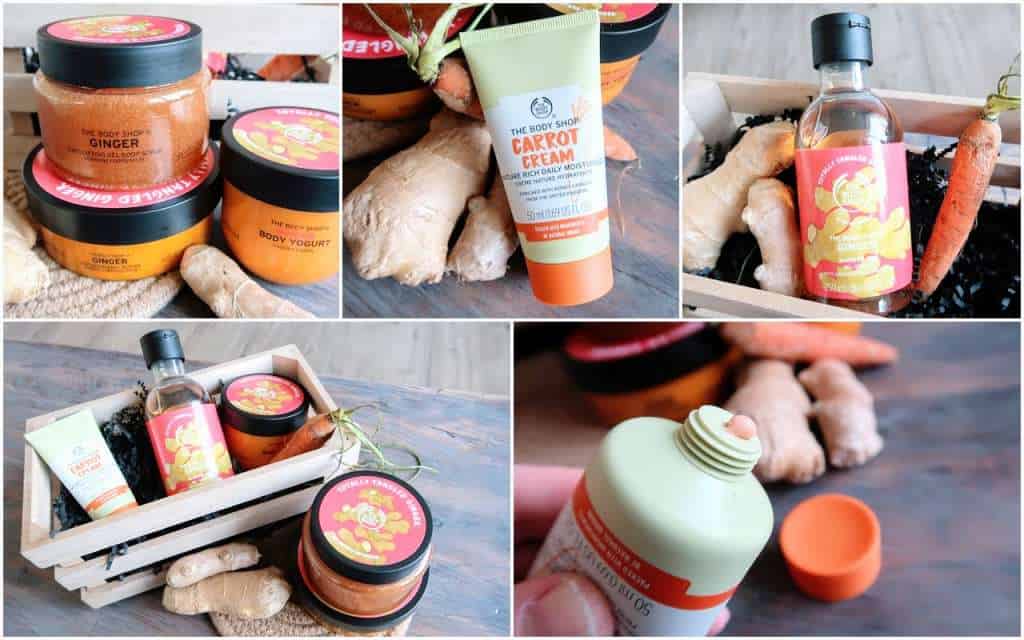 collage The Body Shop ginger collectie & carrot cream dagcreme - Mama's Meisje blog